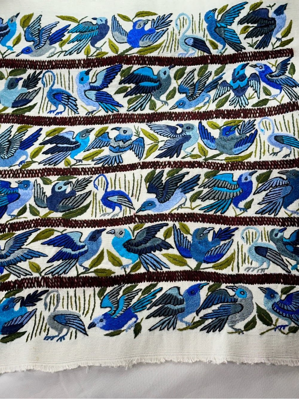 Blue Songbirds Hand-Embroidered Textile Panel